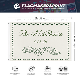 A mockup depicting custom flag specifications and measurements for 'Wedding flag'
