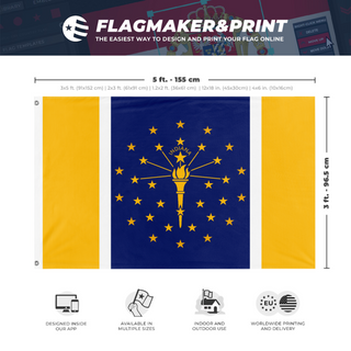 A mockup depicting custom flag specifications and measurements for '2026 Indiana State flag'