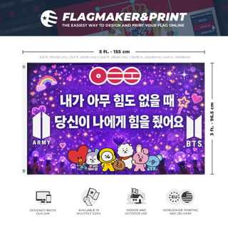 A mockup depicting custom flag specifications and measurements for 'BTS  flag'