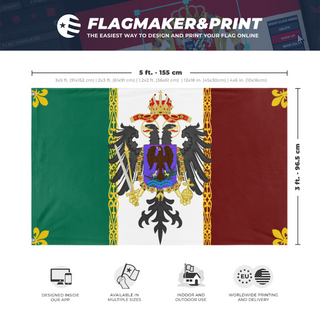 A mockup depicting custom flag specifications and measurements for 'new Mexican empire flag'