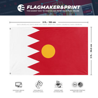 A mockup depicting custom flag specifications and measurements for 'test flag'