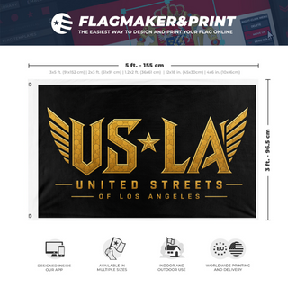 A mockup depicting custom flag specifications and measurements for 'USofLA flag'