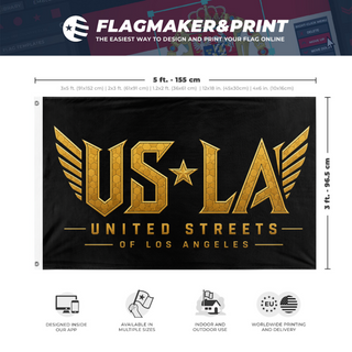 A mockup depicting custom flag specifications and measurements for 'USofLA flag'