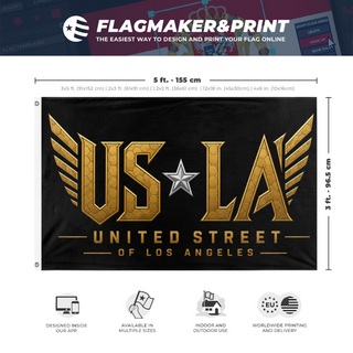 A mockup depicting custom flag specifications and measurements for 'USofLA flag'