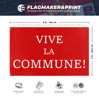 A mockup depicting custom flag specifications and measurements for 'Paris Commune Flag'