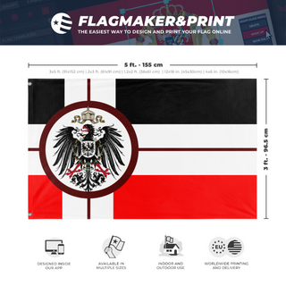 A mockup depicting custom flag specifications and measurements for 'new German empire flag'