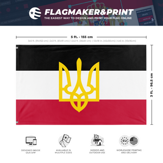 A mockup depicting custom flag specifications and measurements for 'German Ukraine flag'