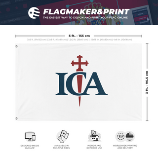 A mockup depicting custom flag specifications and measurements for 'ICA flag'