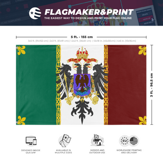 A mockup depicting custom flag specifications and measurements for 'holy Mexican empire flag'