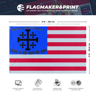 A mockup depicting custom flag specifications and measurements for 'catholic flag'