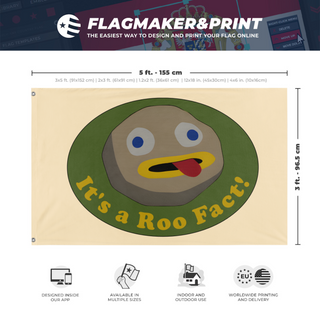 A mockup depicting custom flag specifications and measurements for 'roo fact! flag'