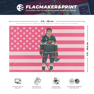 A mockup depicting custom flag specifications and measurements for 'Quinn_&_his_ghosts flag'
