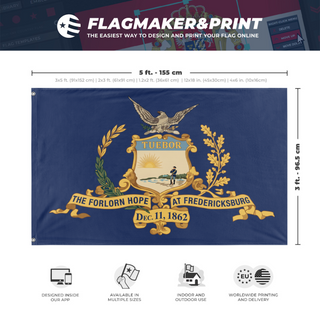 A mockup depicting custom flag specifications and measurements for 'Forlorn Hope at Fredericksburg flag'