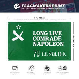 A mockup depicting custom flag specifications and measurements for 'Animal Farm Victory Banner flag'