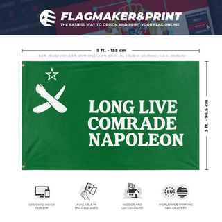 A mockup depicting custom flag specifications and measurements for 'Animal Farm Comrade Napoleon flag'