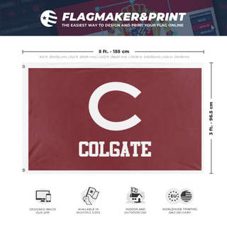 A mockup depicting custom flag specifications and measurements for 'Colgate Flag'