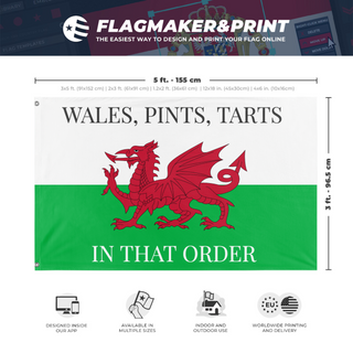 A mockup depicting custom flag specifications and measurements for 'welshtarts flag'