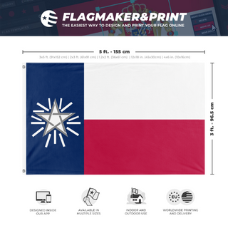A mockup depicting custom flag specifications and measurements for '2026 Texas State flag'