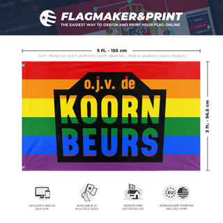 A mockup depicting custom flag specifications and measurements for 'Koornbeurs Pride flag'