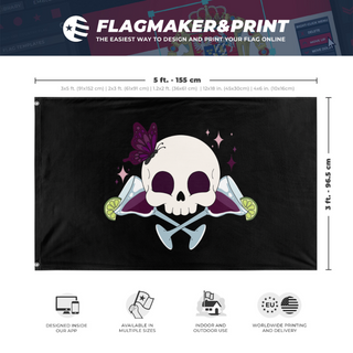 A mockup depicting custom flag specifications and measurements for 'Sippin' Jolly Rodger flag'