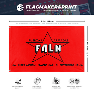 A mockup depicting custom flag specifications and measurements for 'FALN flag'