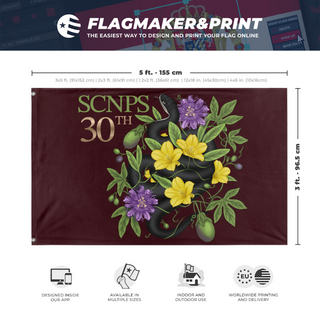 A mockup depicting custom flag specifications and measurements for 'SCNPS flag'