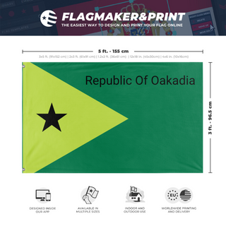A mockup depicting custom flag specifications and measurements for 'Republic Of Oakafia flag'