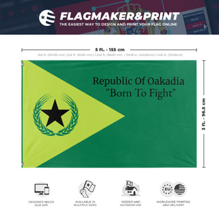 A mockup depicting custom flag specifications and measurements for 'Republic Of Okadia flag'