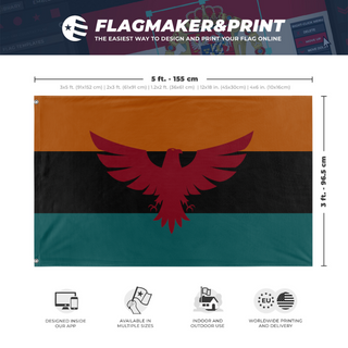 A mockup depicting custom flag specifications and measurements for 'Sisu Adler flag'