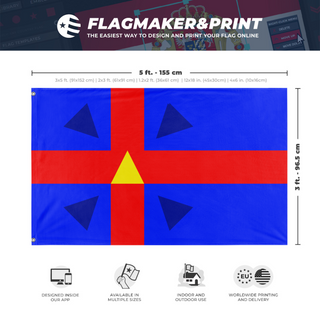 A mockup depicting custom flag specifications and measurements for 'Flammeum Kingdom flag'