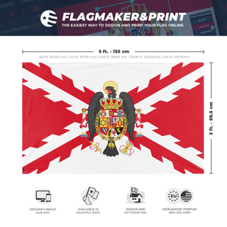 A mockup depicting custom flag specifications and measurements for 'Spanish Great Coat of Arms - Burgundy Cross flag'