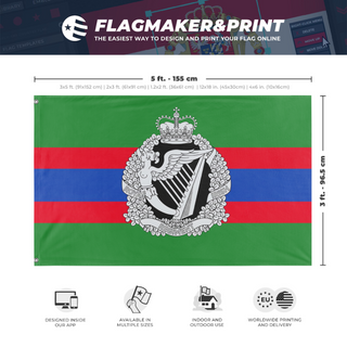 A mockup depicting custom flag specifications and measurements for 'Royal Irish Regiment flag'