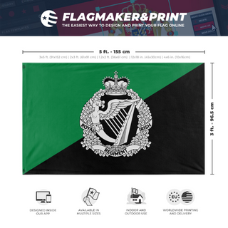 A mockup depicting custom flag specifications and measurements for 'Royal Irish Regiment flag'