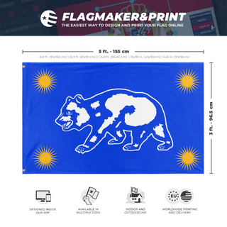 A mockup depicting custom flag specifications and measurements for 'Bear and Sunburst flag'