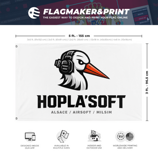 A mockup depicting custom flag specifications and measurements for 'HOPLA'SOFT flag'