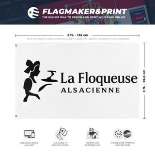 A mockup depicting custom flag specifications and measurements for 'LA FLOQUEUSE ALSACIENNE  flag'
