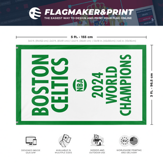 A mockup depicting custom flag specifications and measurements for 'Celtics 2024 flag'
