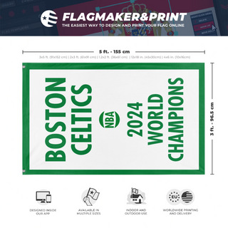 A mockup depicting custom flag specifications and measurements for 'Celtics 2024 flag'