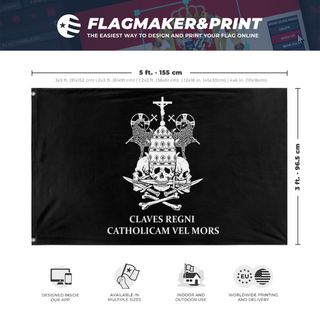 A mockup depicting custom flag specifications and measurements for 'Catholicam vel mors flag'