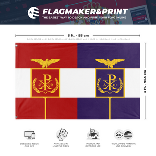 A mockup depicting custom flag specifications and measurements for 'Roman - Byzantine Empire Flag in the Style of Austria-Hungary'