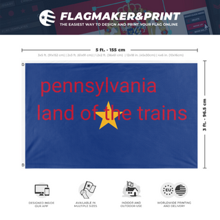 A mockup depicting custom flag specifications and measurements for 'pennsylvania land of the trains flag'
