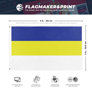 A mockup depicting custom flag specifications and measurements for 'Balkanland flag'