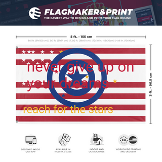 A mockup depicting custom flag specifications and measurements for 'reach for the stars flag'