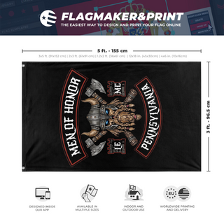 A mockup depicting custom flag specifications and measurements for 'Men of Honor Vertical flag'