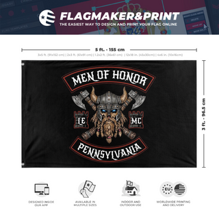 A mockup depicting custom flag specifications and measurements for 'Men of Honor Motorcycle Club flag'