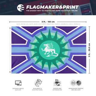 A mockup depicting custom flag specifications and measurements for 'dragon_mlm flag'