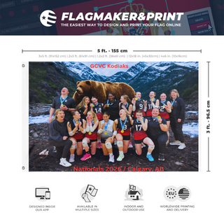 A mockup depicting custom flag specifications and measurements for 'Kodiaks flag'