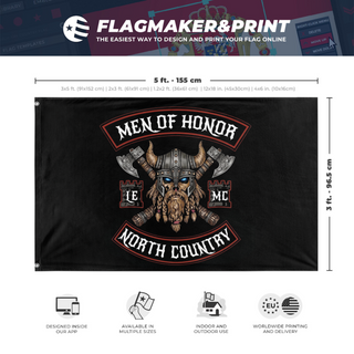 A mockup depicting custom flag specifications and measurements for 'Men of Honor flag'