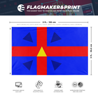A mockup depicting custom flag specifications and measurements for 'Flammeum Kingdom flag'