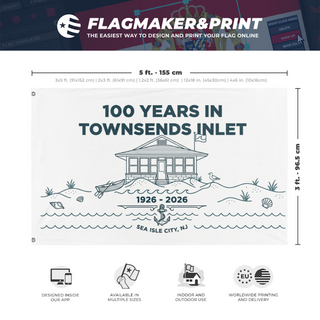 A mockup depicting custom flag specifications and measurements for '100 Years in TI flag'